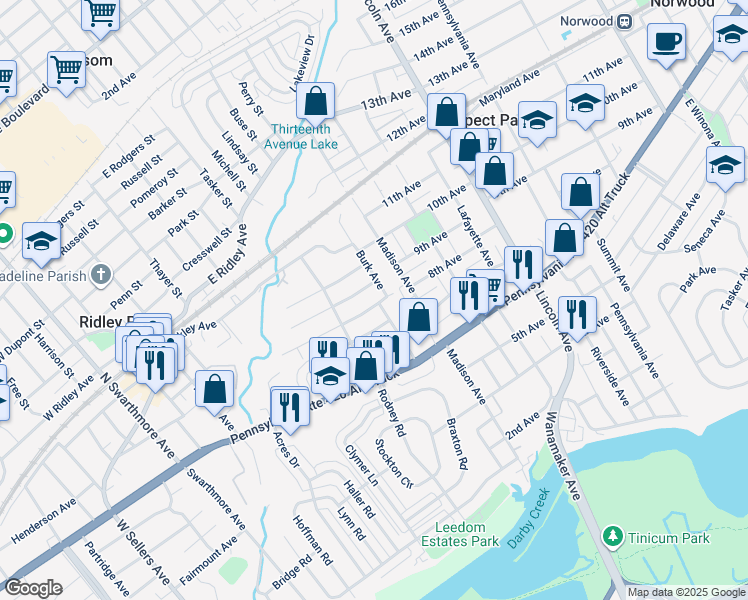 map of restaurants, bars, coffee shops, grocery stores, and more near 515 Johnson Avenue in Ridley Park