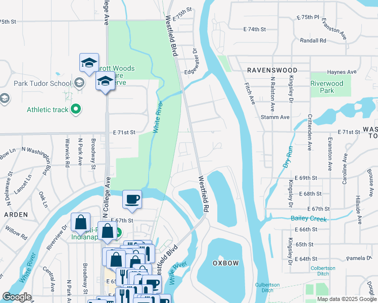 map of restaurants, bars, coffee shops, grocery stores, and more near 1113 Westfield Court West in Indianapolis