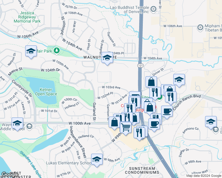map of restaurants, bars, coffee shops, grocery stores, and more near 9144 West 103rd Avenue in Westminster