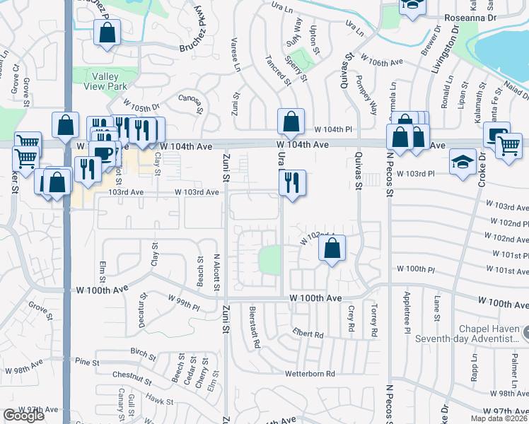 map of restaurants, bars, coffee shops, grocery stores, and more near 10211 Ura Lane in Thornton