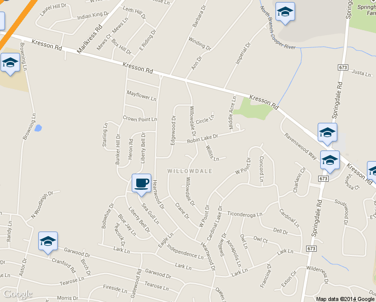map of restaurants, bars, coffee shops, grocery stores, and more near 5 Willow Court in Cherry Hill