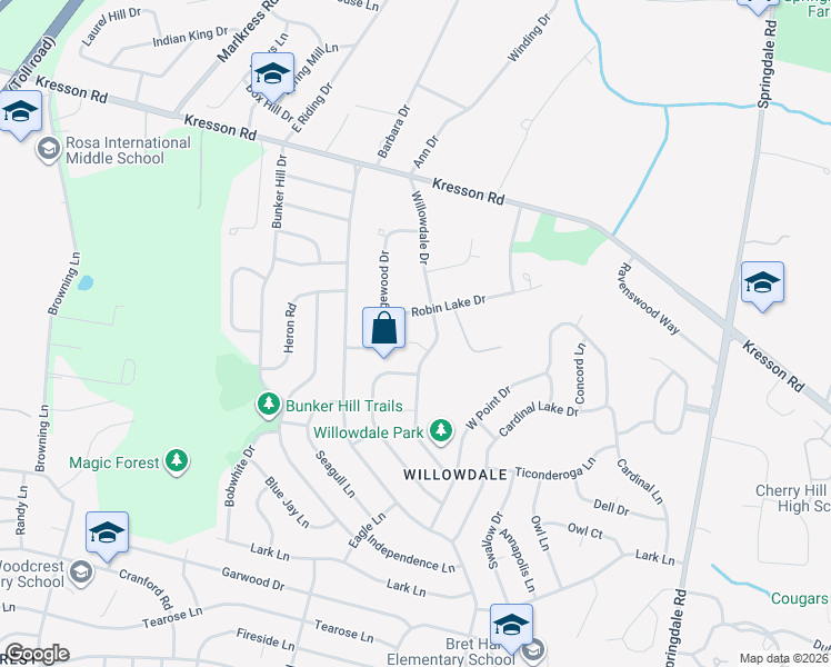 map of restaurants, bars, coffee shops, grocery stores, and more near 5 Willow Court in Cherry Hill