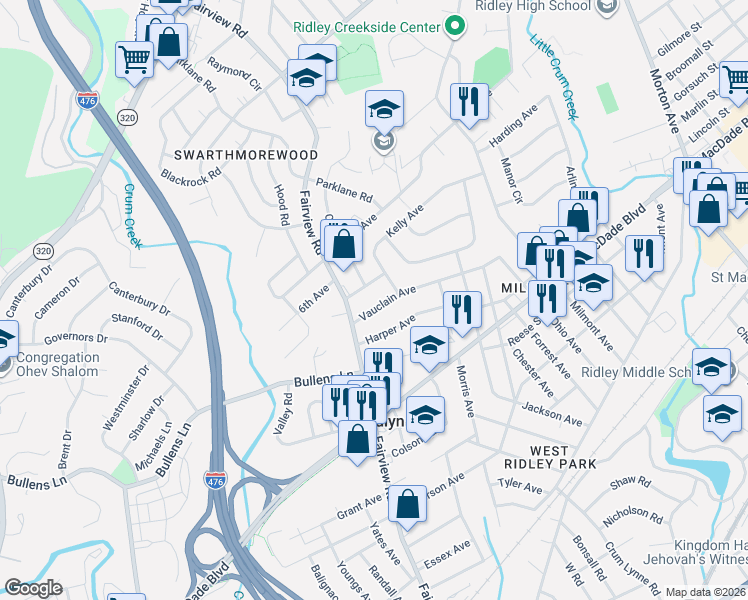 map of restaurants, bars, coffee shops, grocery stores, and more near 1219 Vauclain Avenue in Woodlyn