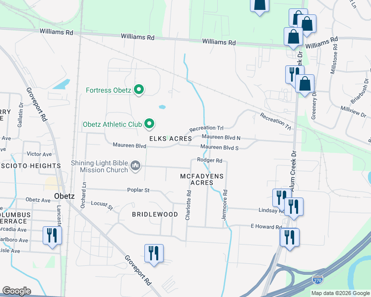 map of restaurants, bars, coffee shops, grocery stores, and more near 2209 Maureen Boulevard South in Obetz
