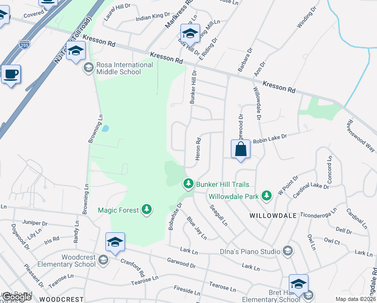 map of restaurants, bars, coffee shops, grocery stores, and more near 1309 Bunker Hill Drive in Cherry Hill