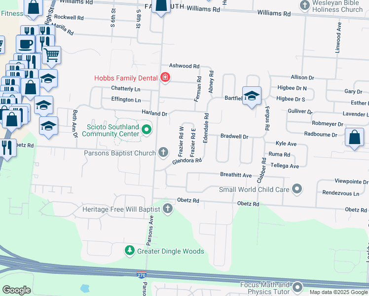 map of restaurants, bars, coffee shops, grocery stores, and more near 3916 Frazier Road North in Columbus