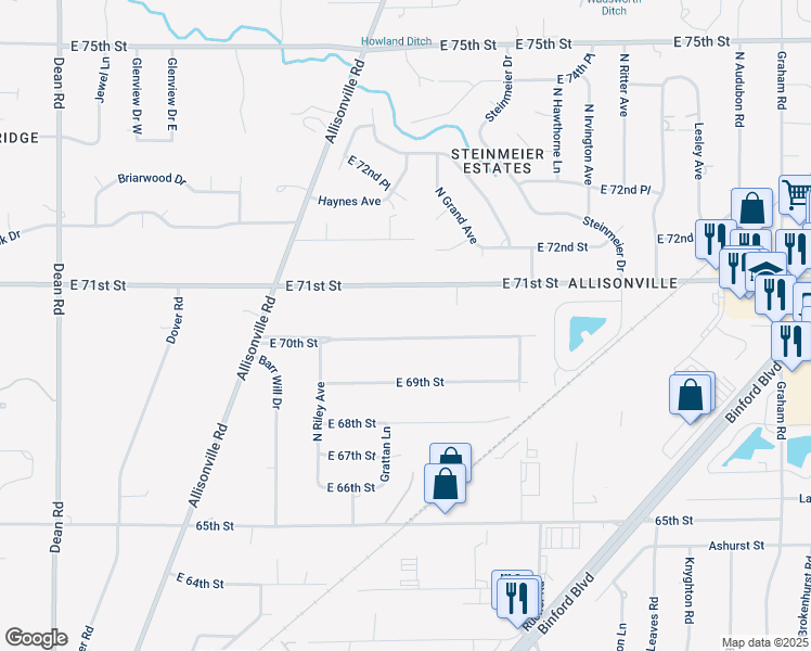 map of restaurants, bars, coffee shops, grocery stores, and more near 5016 East 70th Street in Indianapolis