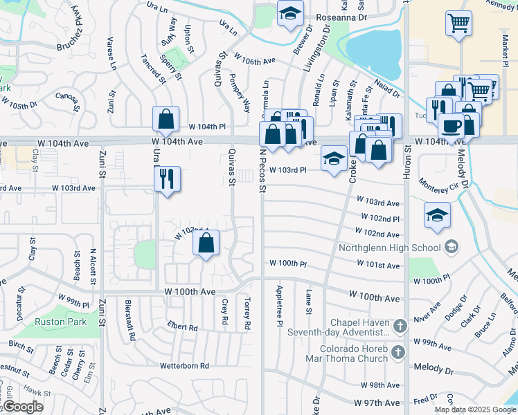 map of restaurants, bars, coffee shops, grocery stores, and more near 10223 North Pecos Street in Northglenn