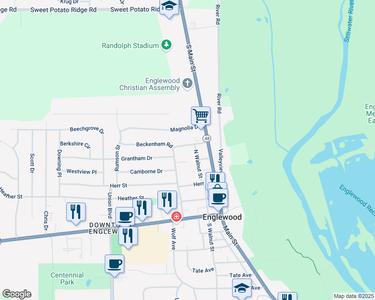 map of restaurants, bars, coffee shops, grocery stores, and more near 307 North Walnut Street in Englewood