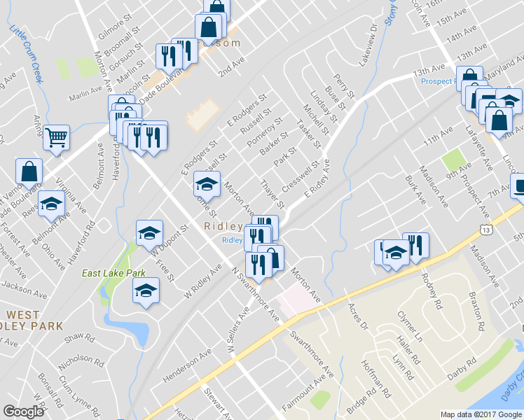 map of restaurants, bars, coffee shops, grocery stores, and more near 205 Cresswell Street in Ridley Park