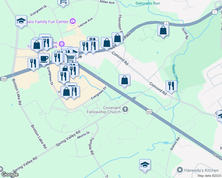 map of restaurants, bars, coffee shops, grocery stores, and more near 666 Conchester Highway in Glen Mills