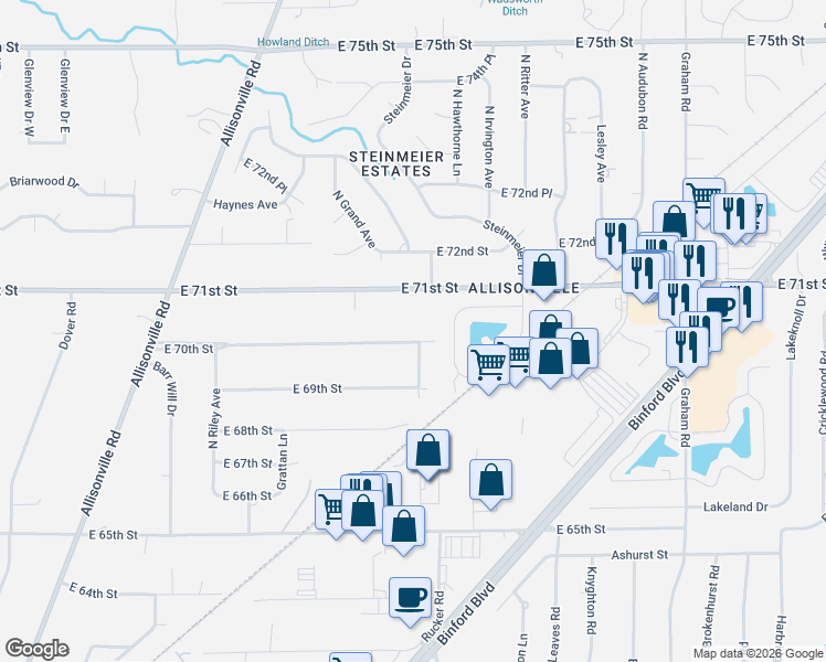 map of restaurants, bars, coffee shops, grocery stores, and more near 5234 East 70th Street in Indianapolis