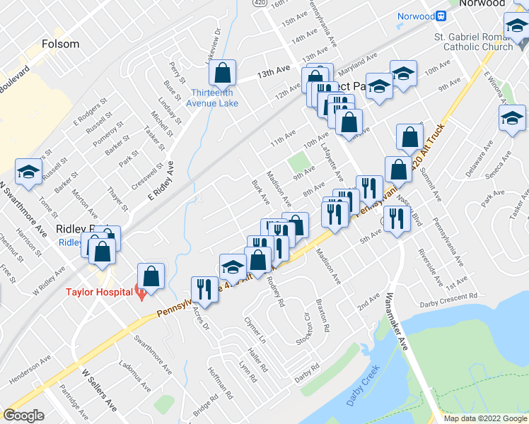 map of restaurants, bars, coffee shops, grocery stores, and more near 515 Johnson Avenue in Ridley Park