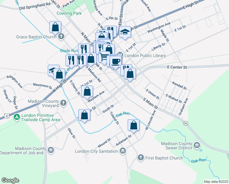 map of restaurants, bars, coffee shops, grocery stores, and more near 65 West Center Street in London