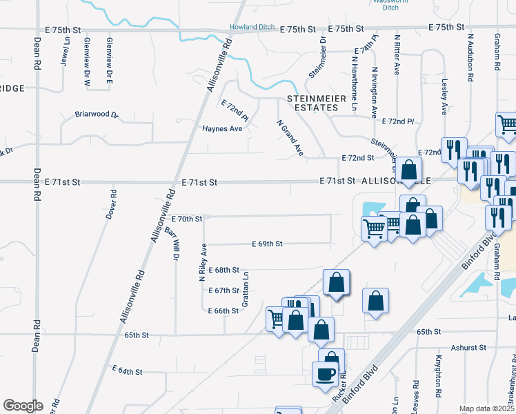 map of restaurants, bars, coffee shops, grocery stores, and more near 5016 East 70th Street in Indianapolis