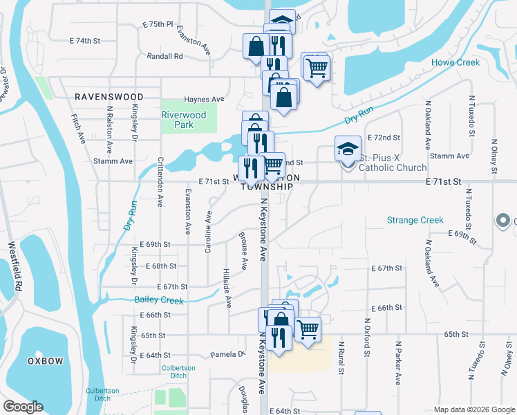 map of restaurants, bars, coffee shops, grocery stores, and more near 2229 East 70th Street in Indianapolis