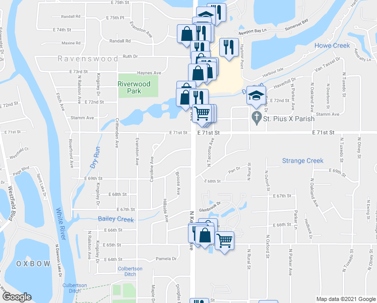 map of restaurants, bars, coffee shops, grocery stores, and more near 2229 East 70th Street in Indianapolis