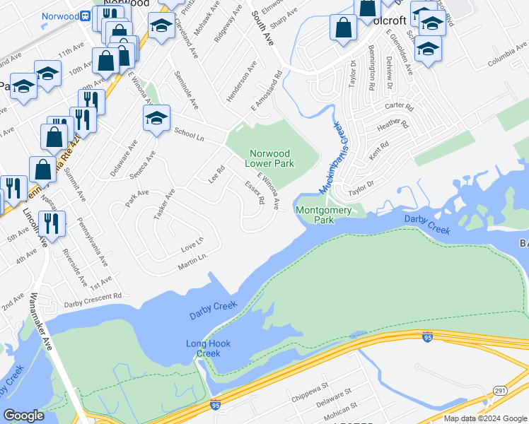 map of restaurants, bars, coffee shops, grocery stores, and more near 525 Essex Road in Norwood