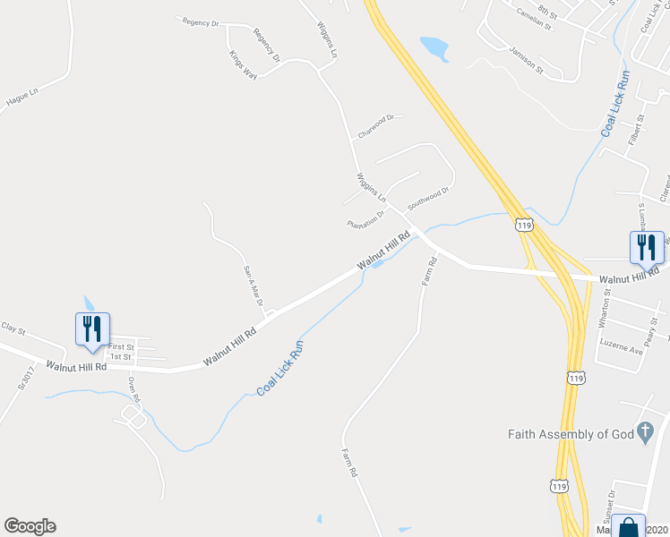 map of restaurants, bars, coffee shops, grocery stores, and more near 349 Walnut Hill Road in Uniontown