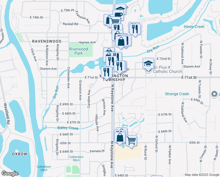 map of restaurants, bars, coffee shops, grocery stores, and more near 2229 East 70th Street in Indianapolis