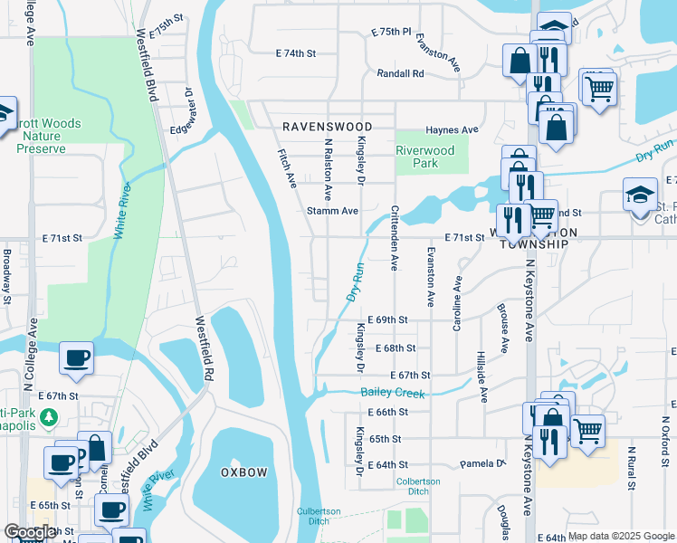 map of restaurants, bars, coffee shops, grocery stores, and more near 7009 North Ralston Avenue in Indianapolis