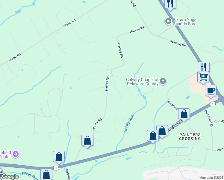 map of restaurants, bars, coffee shops, grocery stores, and more near 201 Harvey Road in Chadds Ford