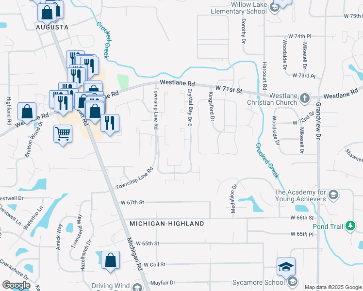 map of restaurants, bars, coffee shops, grocery stores, and more near 7136 Crystal Bay Drive East in Indianapolis