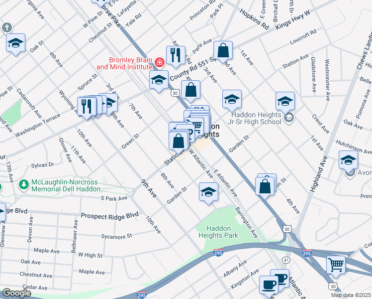 map of restaurants, bars, coffee shops, grocery stores, and more near 528 Station Avenue in Haddon Heights
