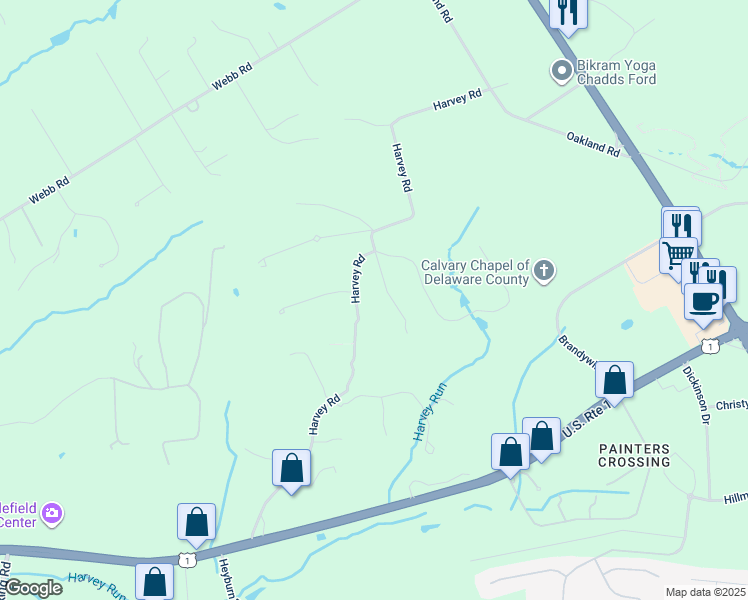 map of restaurants, bars, coffee shops, grocery stores, and more near 201 Harvey Road in Chadds Ford