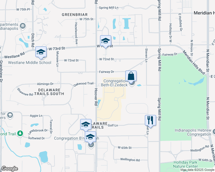 map of restaurants, bars, coffee shops, grocery stores, and more near 7001 Hoover Road in Indianapolis