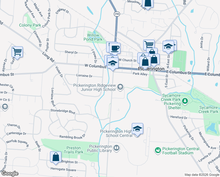 map of restaurants, bars, coffee shops, grocery stores, and more near 129 Hill Road South in Pickerington