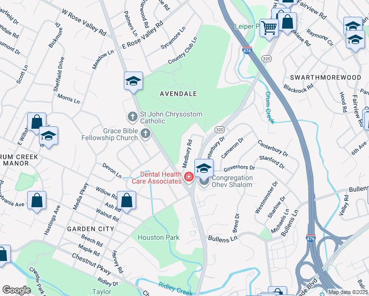 map of restaurants, bars, coffee shops, grocery stores, and more near 15 Medbury Road in Delaware County