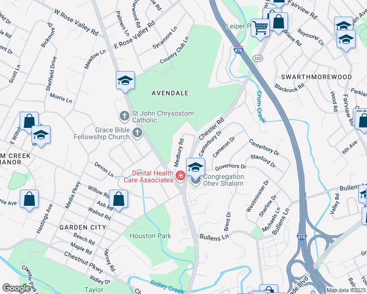 map of restaurants, bars, coffee shops, grocery stores, and more near 22 Medbury Road in Delaware County