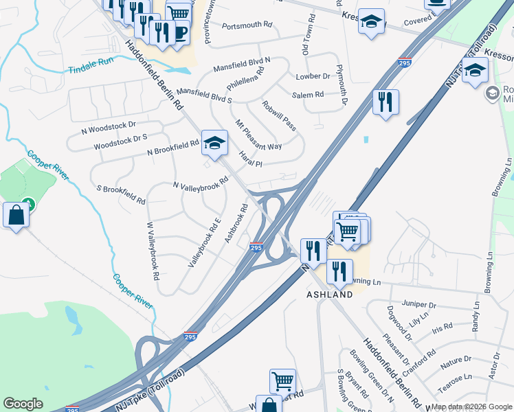 map of restaurants, bars, coffee shops, grocery stores, and more near 1223 Haddonfield-Berlin Road in Cherry Hill