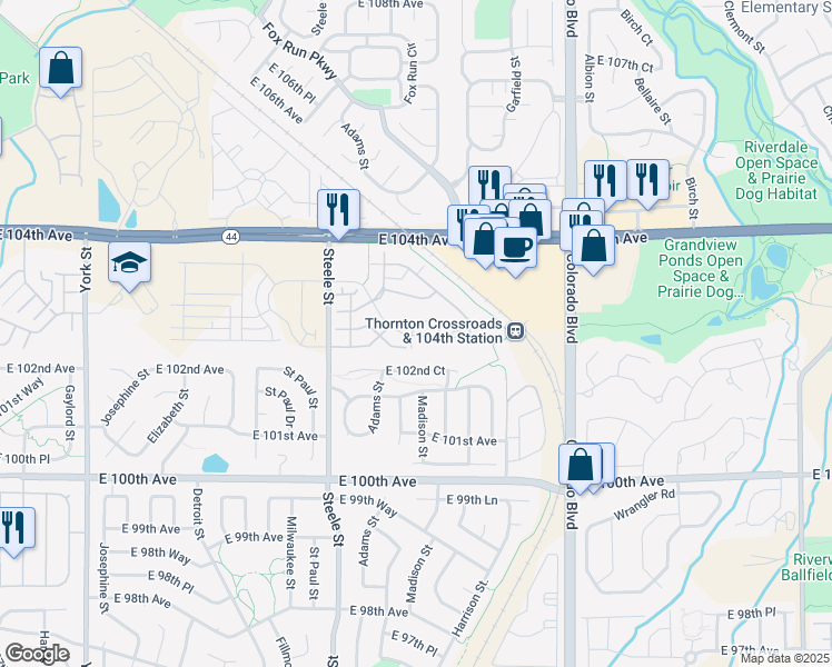 map of restaurants, bars, coffee shops, grocery stores, and more near 3551 East 103rd Circle in Denver