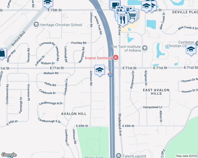 map of restaurants, bars, coffee shops, grocery stores, and more near 7001 Johnson Road in Indianapolis