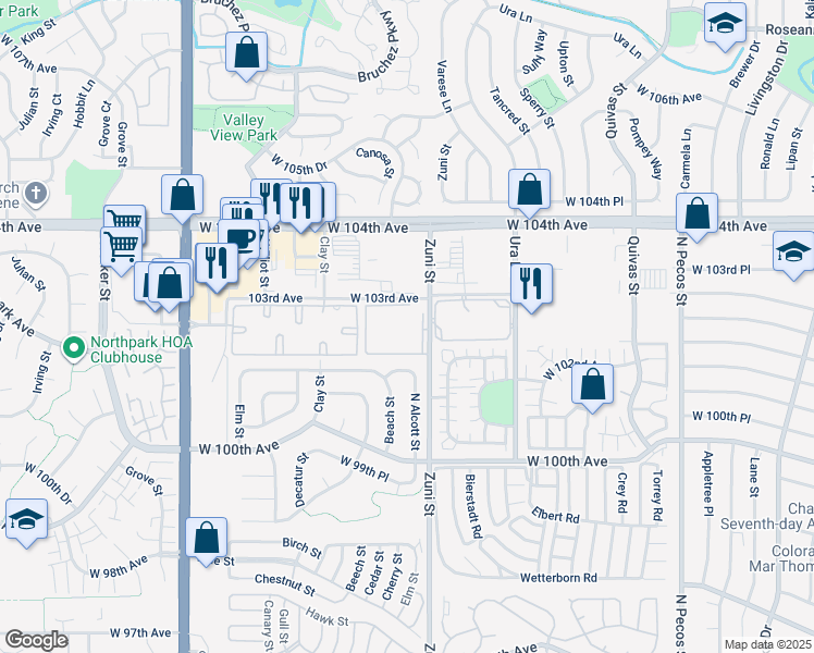 map of restaurants, bars, coffee shops, grocery stores, and more near 10251 Zuni Street in Federal Heights