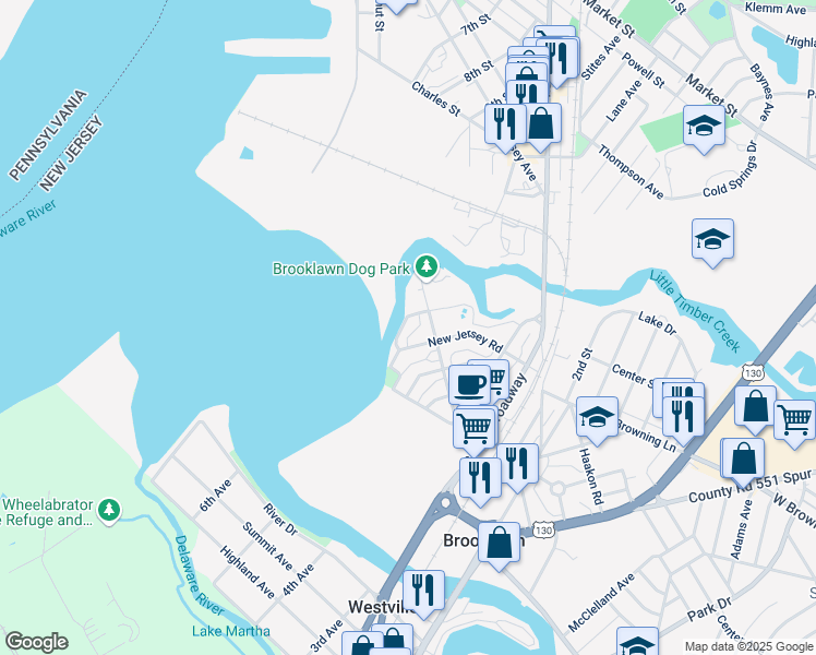 map of restaurants, bars, coffee shops, grocery stores, and more near 112 Pershing Rd in Brooklawn