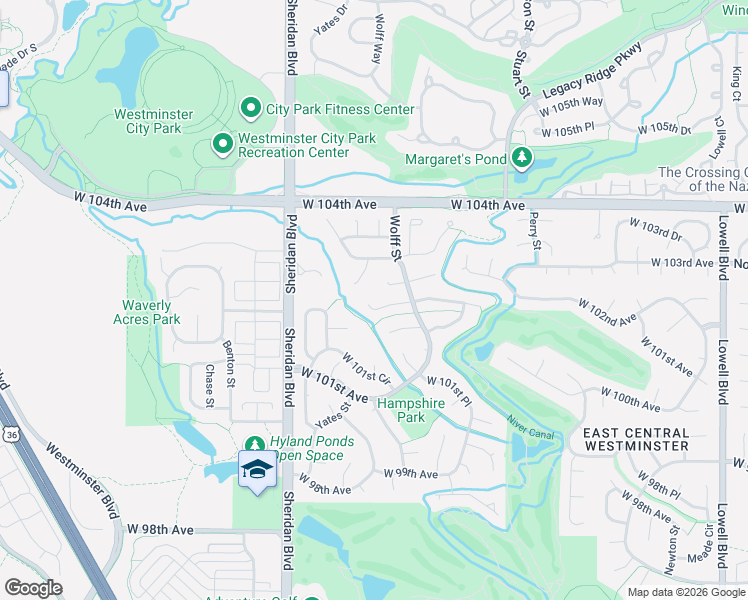 map of restaurants, bars, coffee shops, grocery stores, and more near 4861 West 102nd Place in Westminster