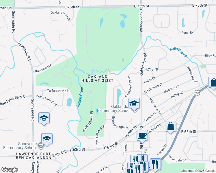 map of restaurants, bars, coffee shops, grocery stores, and more near 6919 Royal Oakland Dr in Indianapolis