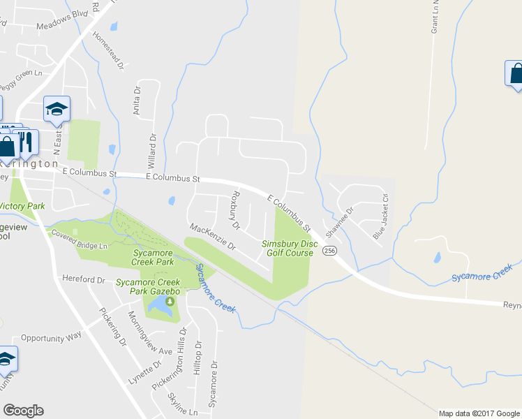 map of restaurants, bars, coffee shops, grocery stores, and more near 65 Simsbury Court in Pickerington