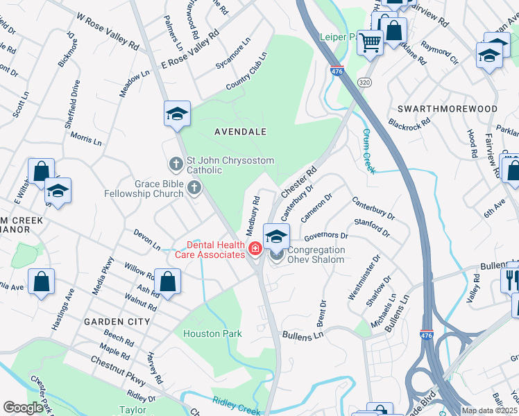 map of restaurants, bars, coffee shops, grocery stores, and more near 22 Medbury Road in Delaware County
