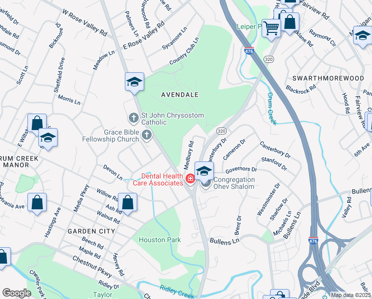 map of restaurants, bars, coffee shops, grocery stores, and more near 15 Medbury Road in Delaware County