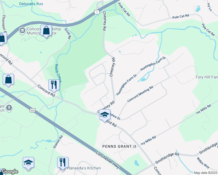 map of restaurants, bars, coffee shops, grocery stores, and more near 23 Annesley Drive in Delaware County