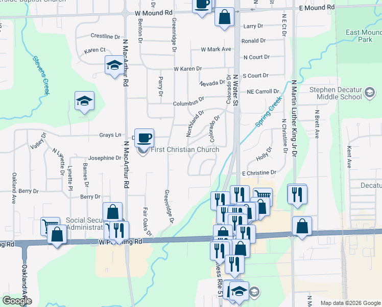 map of restaurants, bars, coffee shops, grocery stores, and more near 16 Northland Drive in Decatur