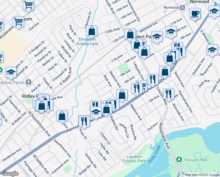 map of restaurants, bars, coffee shops, grocery stores, and more near 517 Johnson Avenue in Ridley Park