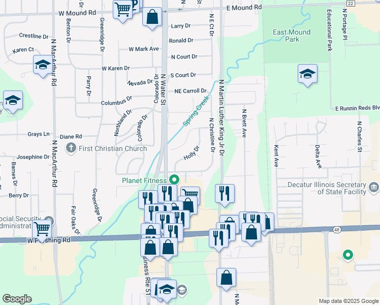 map of restaurants, bars, coffee shops, grocery stores, and more near 3187 Holly Drive in Decatur