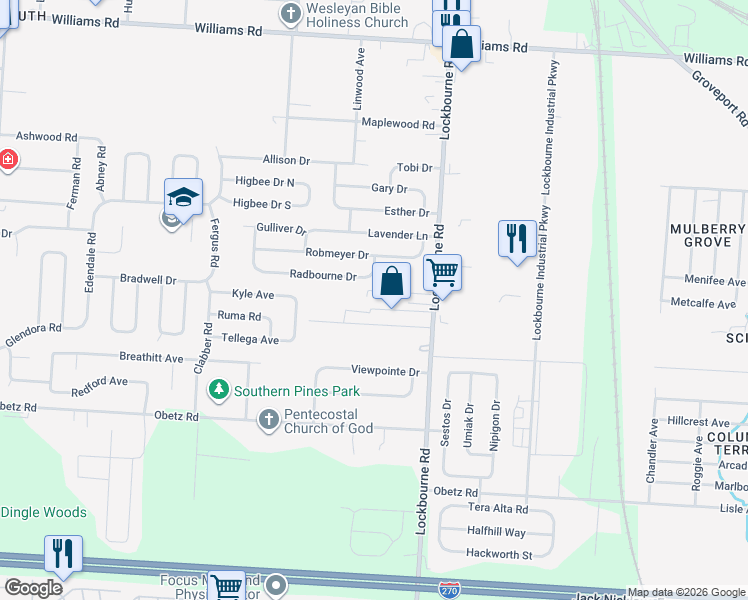 map of restaurants, bars, coffee shops, grocery stores, and more near 1103 Vernon Drive in Columbus