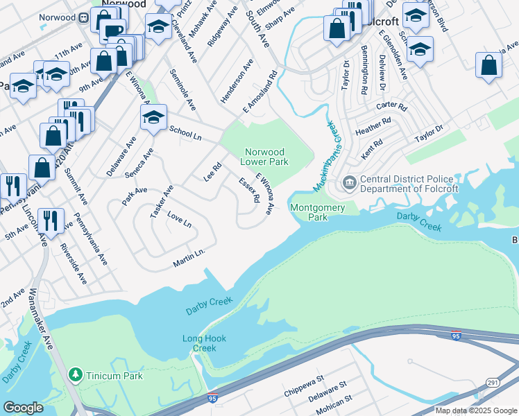 map of restaurants, bars, coffee shops, grocery stores, and more near 525 Essex Road in Norwood