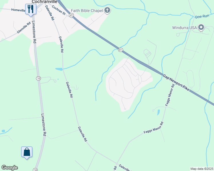 map of restaurants, bars, coffee shops, grocery stores, and more near 226 Honeycroft Boulevard in Cochranville